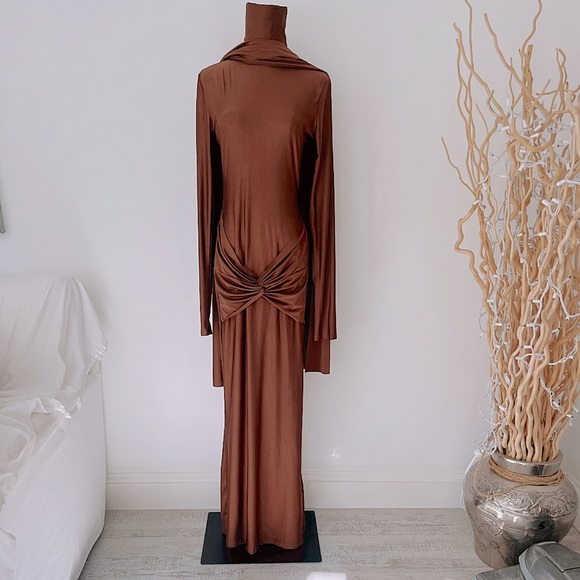 NWT SLEEK AND BEAUTIFUL CHOCOLATE BROWN LONG SLEEVED DRESS WITH OPTIONAL WRAP π - Picture 16 of 16